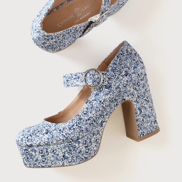 Blue Floral Print Platform Mary Jane Pumps - Picture 2 of 6